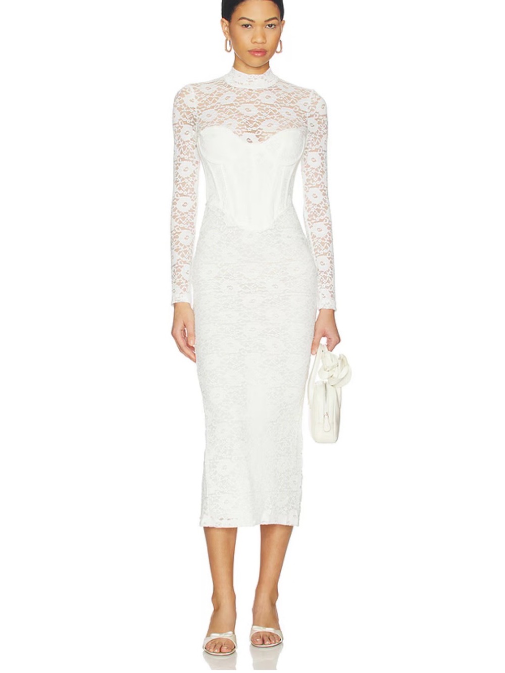 REVOLVE White Lace Midi Dress with Corset Bodice